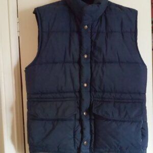 Columbia Vest Sx M/L Dark Blue 2 Large Pockets w/ Vel*cro Tan Lining Snaps Zipp